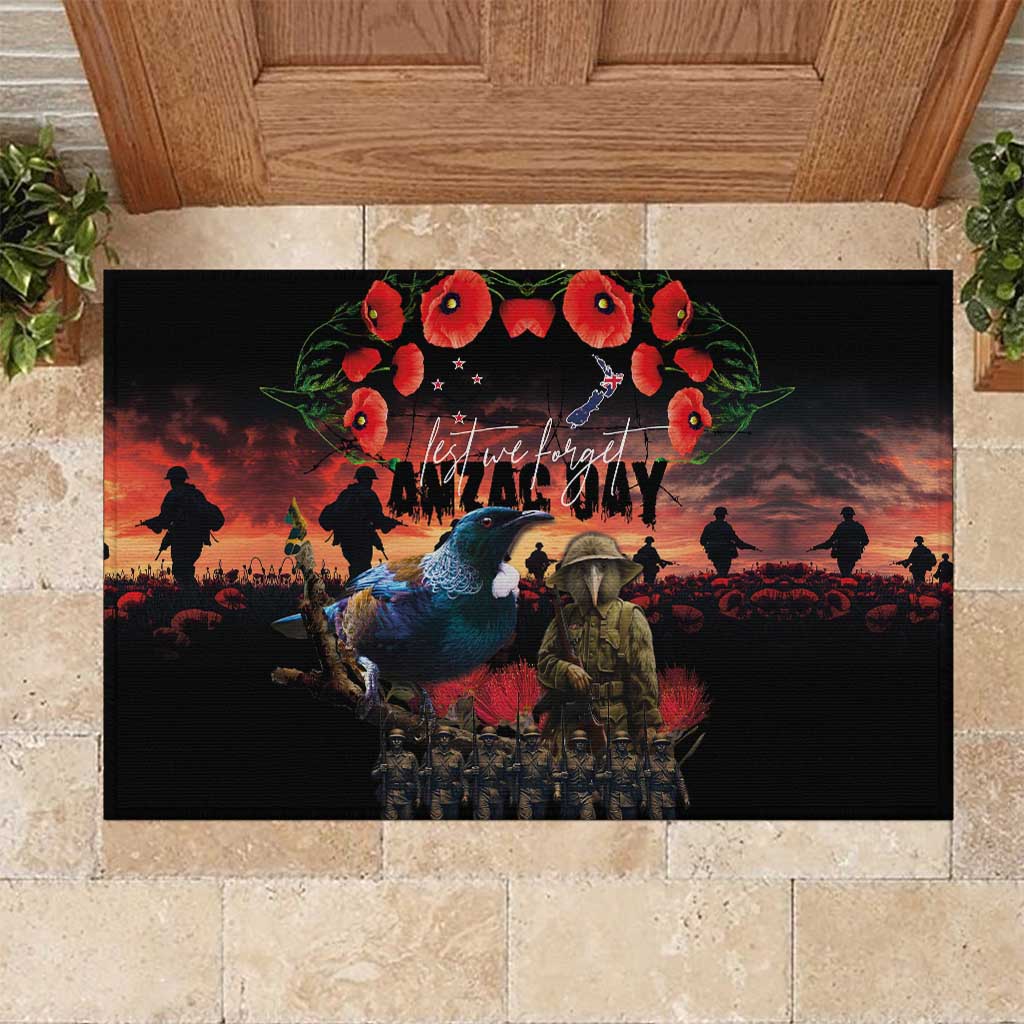 New Zealand ANZAC Day Rubber Doormat Tui Bird and Kiwi Bird Soldier - Forever in My Thoughts LT03 Black - Polynesian Pride