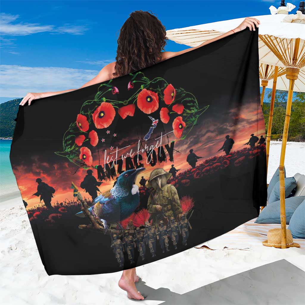 New Zealand ANZAC Day Sarong Tui Bird and Kiwi Bird Soldier - Forever in My Thoughts LT03 One Size 44 x 66 inches Black - Polynesian Pride