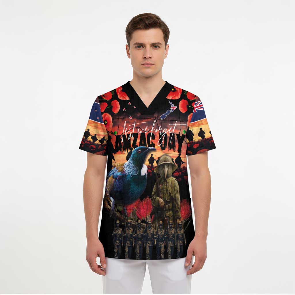 New Zealand ANZAC Day Scrub Top Tui Bird and Kiwi Bird Soldier - Forever in My Thoughts LT03 - Polynesian Pride