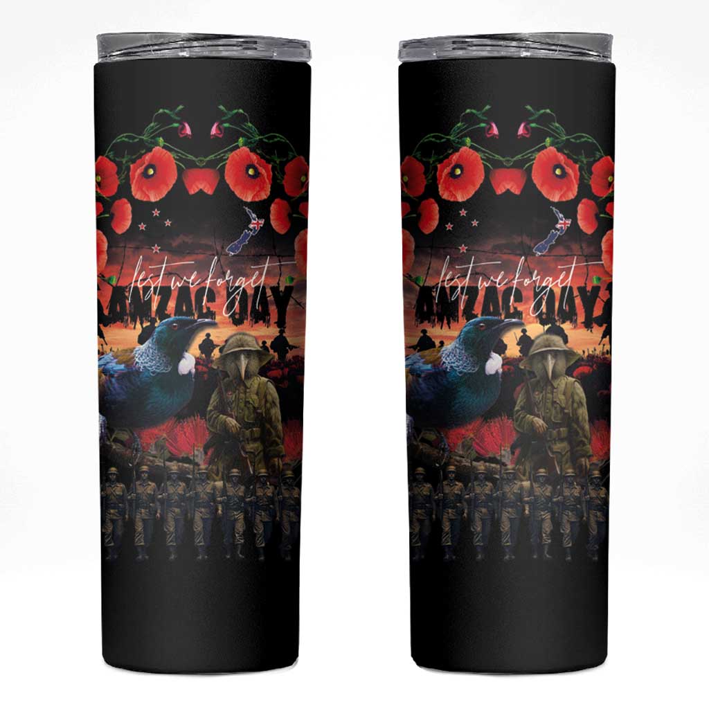 New Zealand ANZAC Day Skinny Tumbler Tui Bird and Kiwi Bird Soldier Forever in My Thoughts LT03 Black - Polynesian Pride