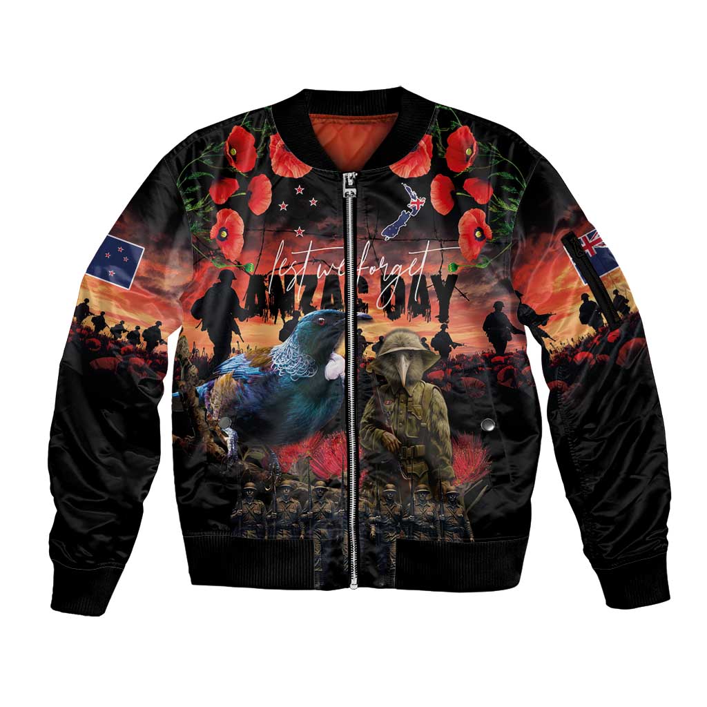 New Zealand ANZAC Day Sleeve Zip Bomber Jacket Tui Bird and Kiwi Bird Soldier - Forever in My Thoughts LT03 Unisex Black - Polynesian Pride