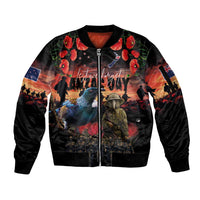 New Zealand ANZAC Day Sleeve Zip Bomber Jacket Tui Bird and Kiwi Bird Soldier - Forever in My Thoughts LT03 Unisex Black - Polynesian Pride