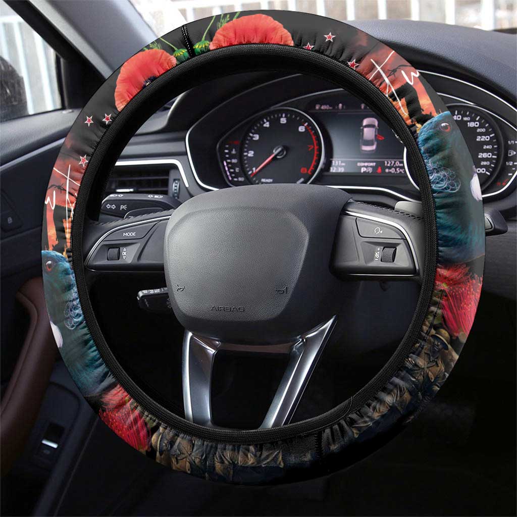 New Zealand ANZAC Day Steering Wheel Cover Tui Bird and Kiwi Bird Soldier - Forever in My Thoughts LT03 - Polynesian Pride
