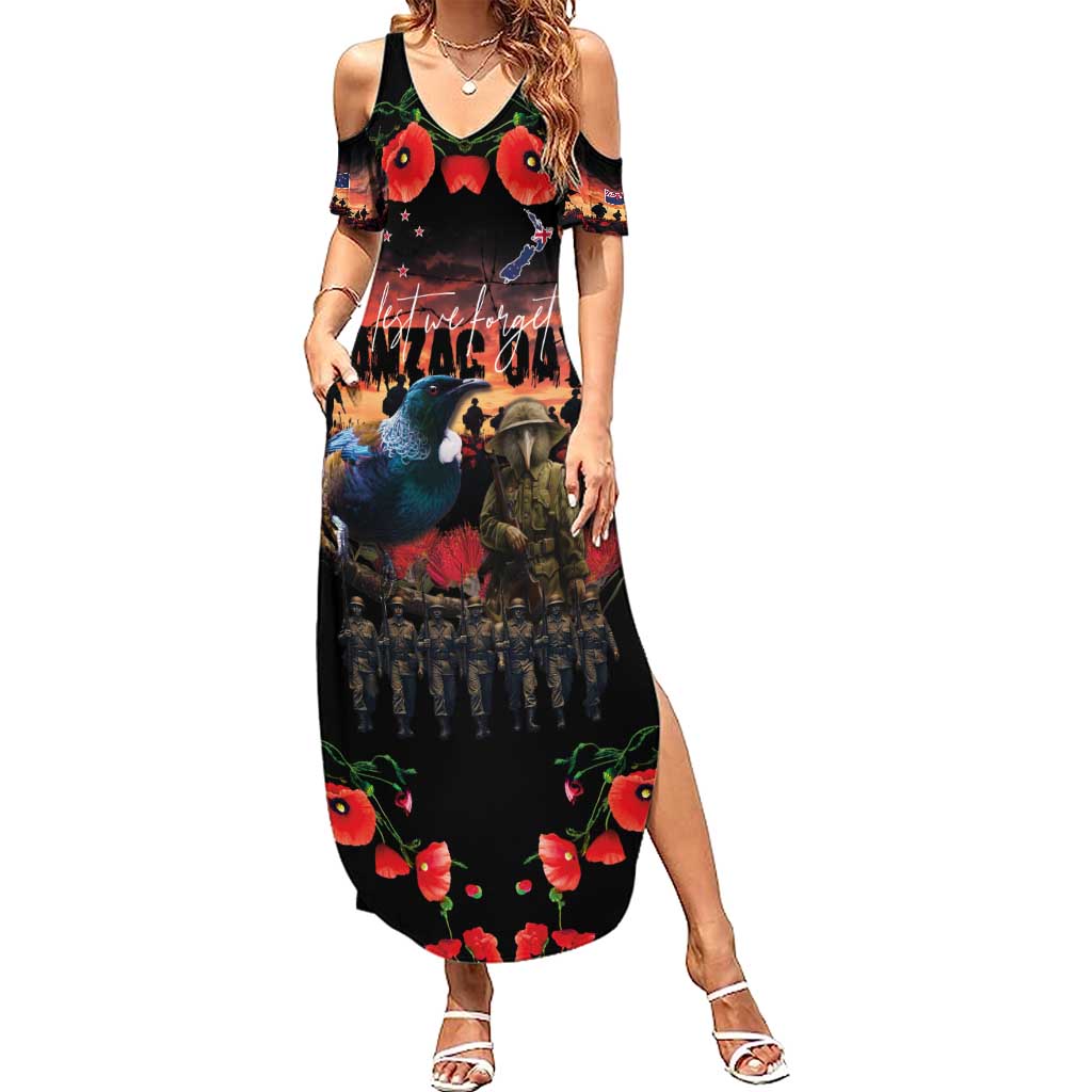 New Zealand ANZAC Day Summer Maxi Dress Tui Bird and Kiwi Bird Soldier - Forever in My Thoughts LT03 Women Black - Polynesian Pride
