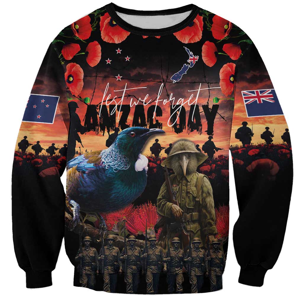 New Zealand ANZAC Day Sweatshirt Tui Bird and Kiwi Bird Soldier - Forever in My Thoughts LT03 Unisex Black - Polynesian Pride