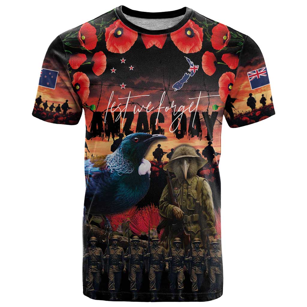New Zealand ANZAC Day T Shirt Tui Bird and Kiwi Bird Soldier - Forever in My Thoughts LT03 Black - Polynesian Pride