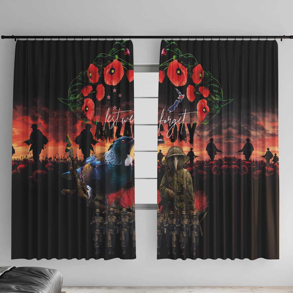 New Zealand ANZAC Day Window Curtain Tui Bird and Kiwi Bird Soldier - Forever in My Thoughts LT03 With Hooks Black - Polynesian Pride