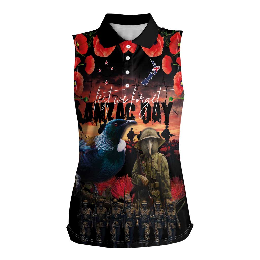 New Zealand ANZAC Day Women Sleeveless Polo Shirt Tui Bird and Kiwi Bird Soldier - Forever in My Thoughts LT03 Female Black - Polynesian Pride