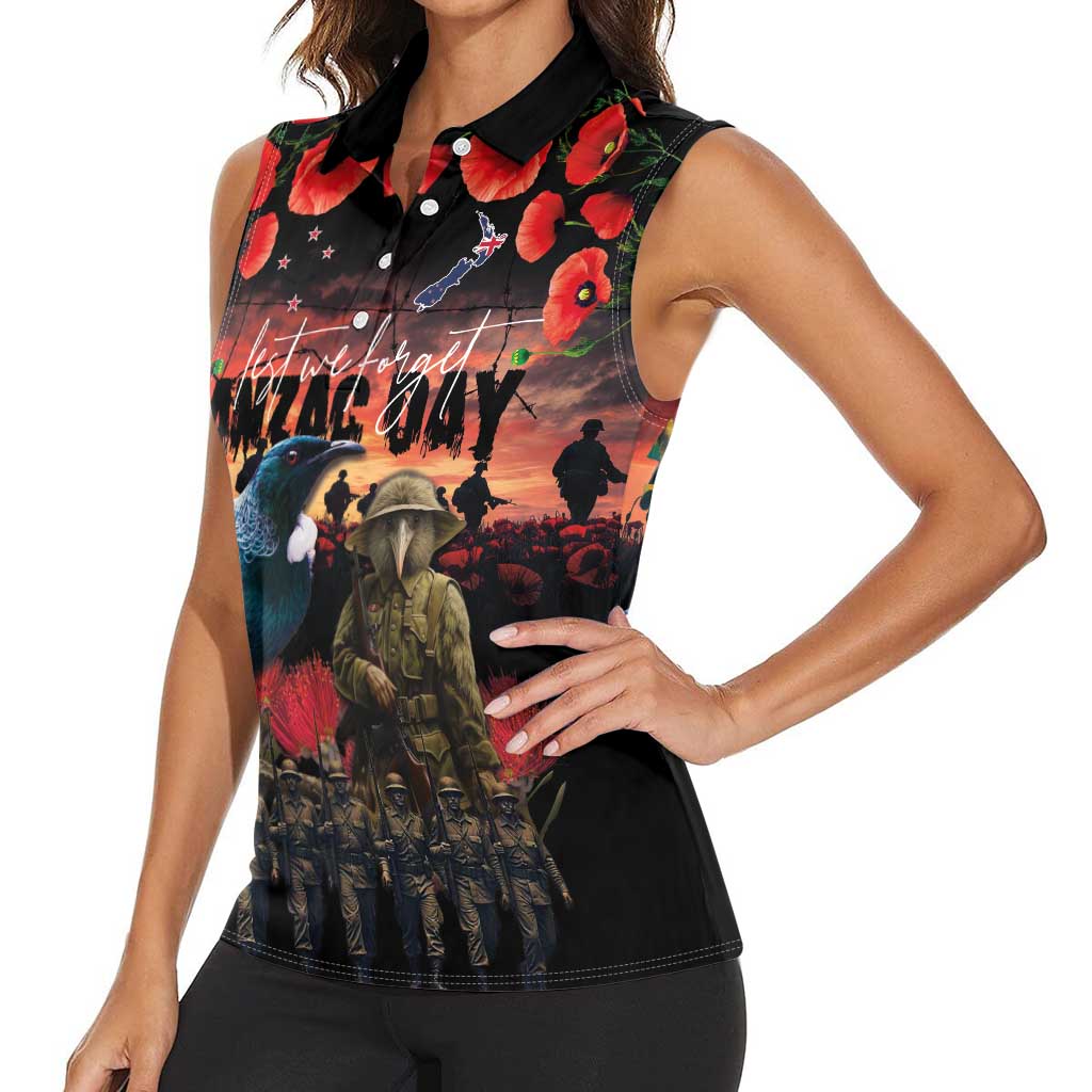 New Zealand ANZAC Day Women Sleeveless Polo Shirt Tui Bird and Kiwi Bird Soldier - Forever in My Thoughts LT03 - Polynesian Pride
