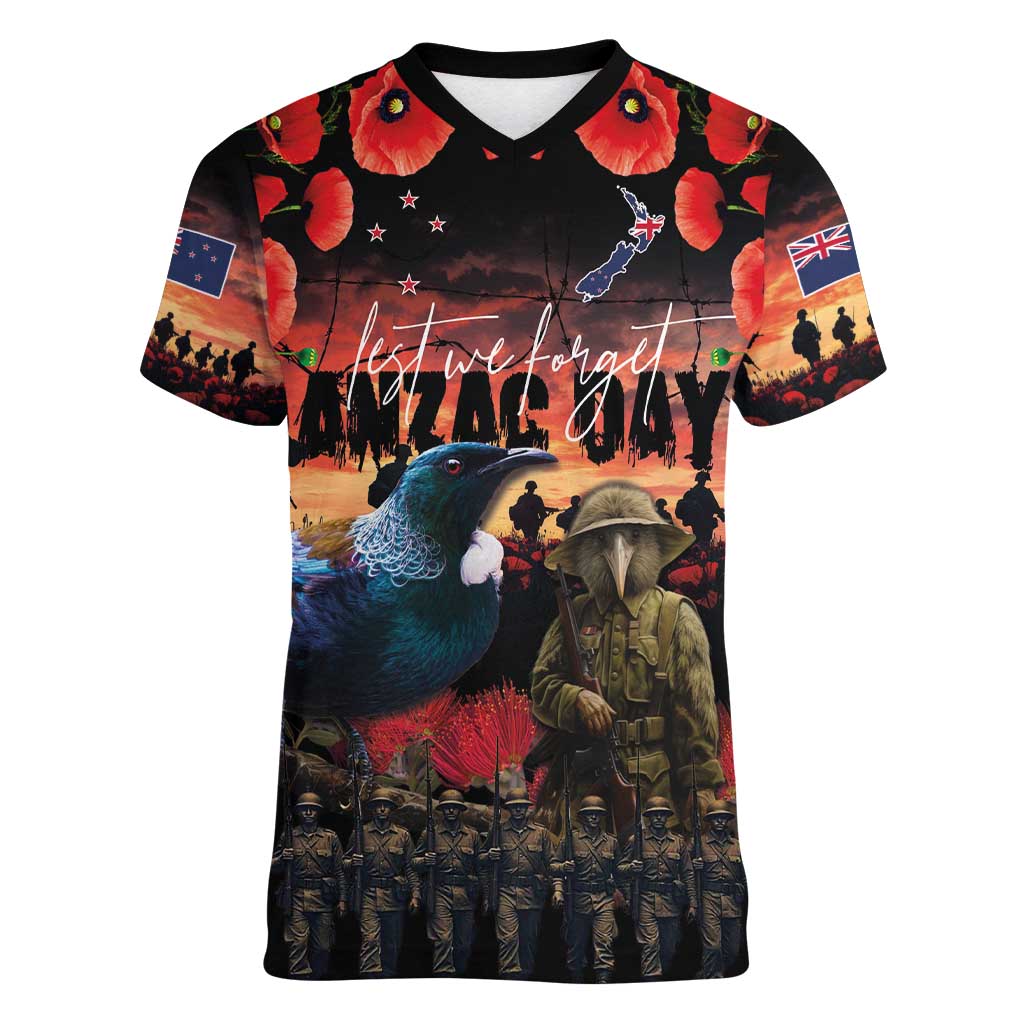 New Zealand ANZAC Day Women V-Neck T-Shirt Tui Bird and Kiwi Bird Soldier - Forever in My Thoughts LT03 Female Black - Polynesian Pride