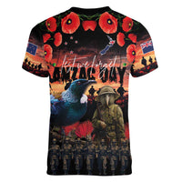 New Zealand ANZAC Day Women V-Neck T-Shirt Tui Bird and Kiwi Bird Soldier - Forever in My Thoughts LT03 - Polynesian Pride