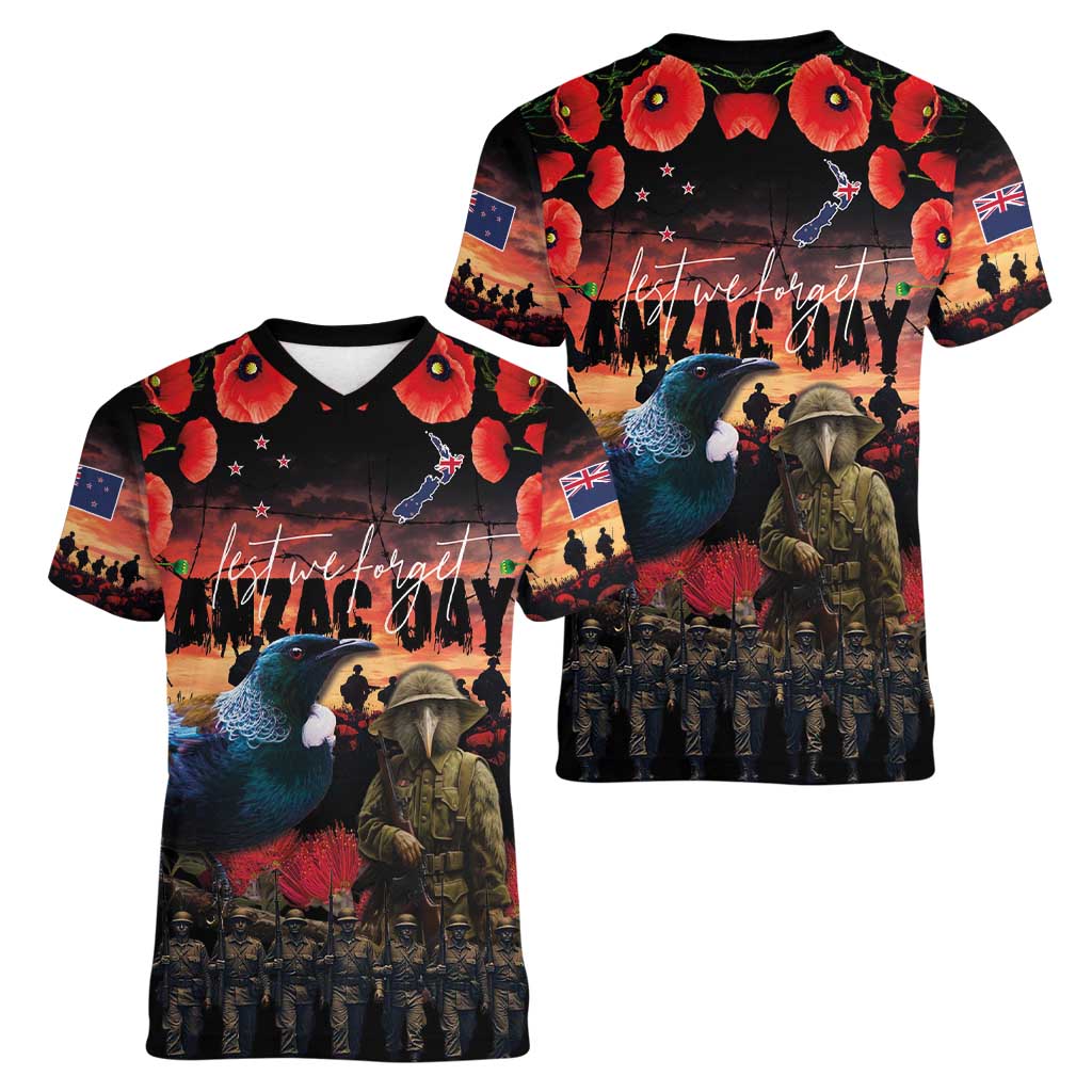 New Zealand ANZAC Day Women V-Neck T-Shirt Tui Bird and Kiwi Bird Soldier - Forever in My Thoughts LT03 - Polynesian Pride