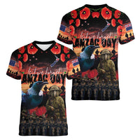 New Zealand ANZAC Day Women V-Neck T-Shirt Tui Bird and Kiwi Bird Soldier - Forever in My Thoughts LT03 - Polynesian Pride