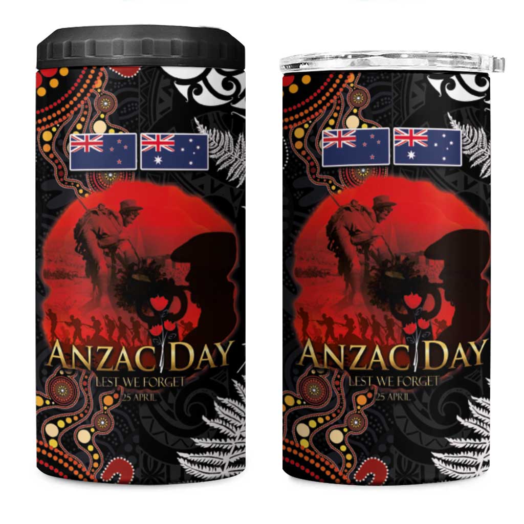 Australia and New Zealand ANZAC Day 4 in 1 Can Cooler Tumbler Aboriginal and Maori Art Pattern Gallipoli Lest We Forget LT03 One Size: 16 oz Black - Polynesian Pride
