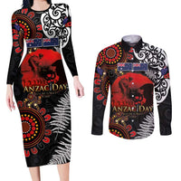 Australia and New Zealand ANZAC Day Couples Matching Long Sleeve Bodycon Dress and Long Sleeve Button Shirt Aboriginal and Maori Art Pattern - Gallipoli Lest We Forget LT03 Black - Polynesian Pride