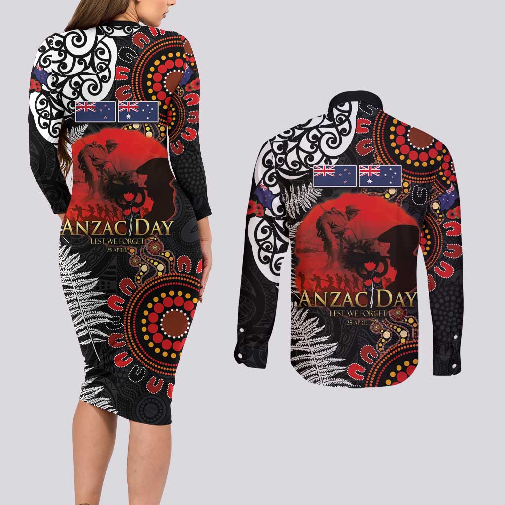 Australia and New Zealand ANZAC Day Couples Matching Long Sleeve Bodycon Dress and Long Sleeve Button Shirt Aboriginal and Maori Art Pattern - Gallipoli Lest We Forget LT03 - Polynesian Pride