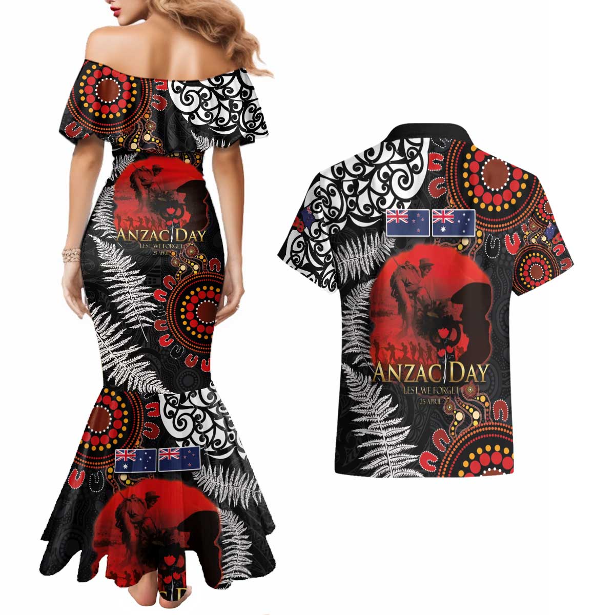 Australia and New Zealand ANZAC Day Couples Matching Mermaid Dress and Hawaiian Shirt Aboriginal and Maori Art Pattern - Gallipoli Lest We Forget LT03 - Polynesian Pride
