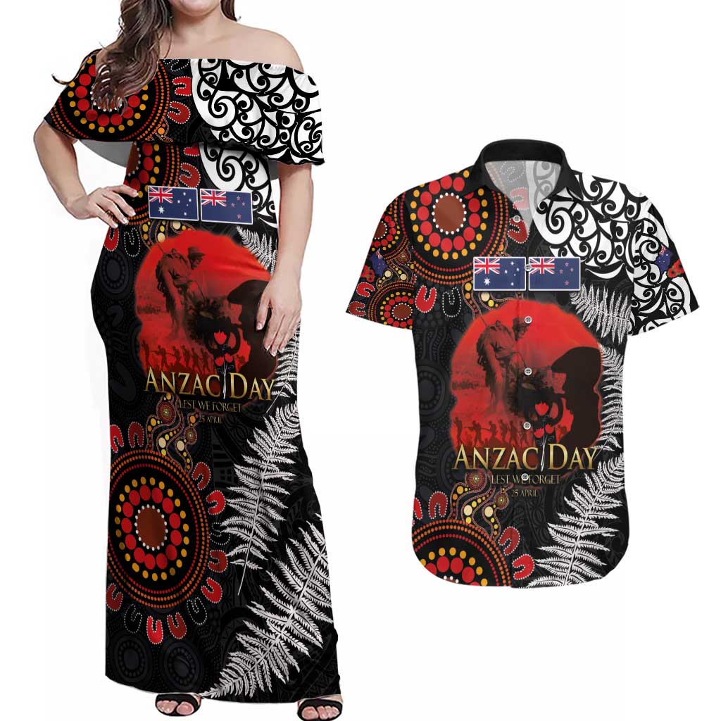 Australia and New Zealand ANZAC Day Couples Matching Off Shoulder Maxi Dress and Hawaiian Shirt Aboriginal and Maori Art Pattern - Gallipoli Lest We Forget LT03 Black - Polynesian Pride