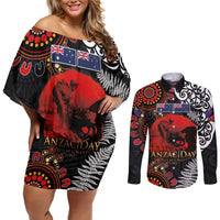 Australia and New Zealand ANZAC Day Couples Matching Off Shoulder Short Dress and Long Sleeve Button Shirt Aboriginal and Maori Art Pattern - Gallipoli Lest We Forget LT03 Black - Polynesian Pride