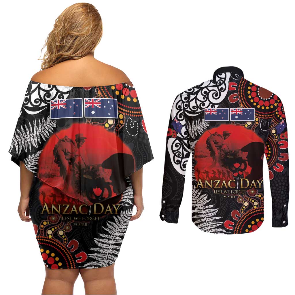 Australia and New Zealand ANZAC Day Couples Matching Off Shoulder Short Dress and Long Sleeve Button Shirt Aboriginal and Maori Art Pattern - Gallipoli Lest We Forget LT03 - Polynesian Pride