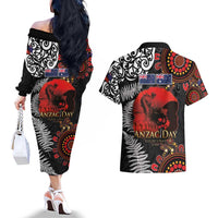Australia and New Zealand ANZAC Day Couples Matching Off The Shoulder Long Sleeve Dress and Hawaiian Shirt Aboriginal and Maori Art Pattern - Gallipoli Lest We Forget LT03 - Polynesian Pride