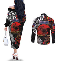 Australia and New Zealand ANZAC Day Couples Matching Off The Shoulder Long Sleeve Dress and Long Sleeve Button Shirt Aboriginal and Maori Art Pattern - Gallipoli Lest We Forget LT03 - Polynesian Pride