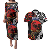 Australia and New Zealand ANZAC Day Couples Matching Puletasi and Hawaiian Shirt Aboriginal and Maori Art Pattern - Gallipoli Lest We Forget LT03 Black - Polynesian Pride