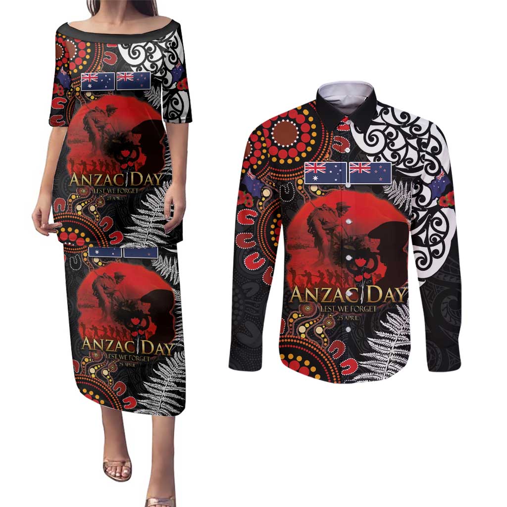 Australia and New Zealand ANZAC Day Couples Matching Puletasi and Long Sleeve Button Shirt Aboriginal and Maori Art Pattern - Gallipoli Lest We Forget LT03 Black - Polynesian Pride
