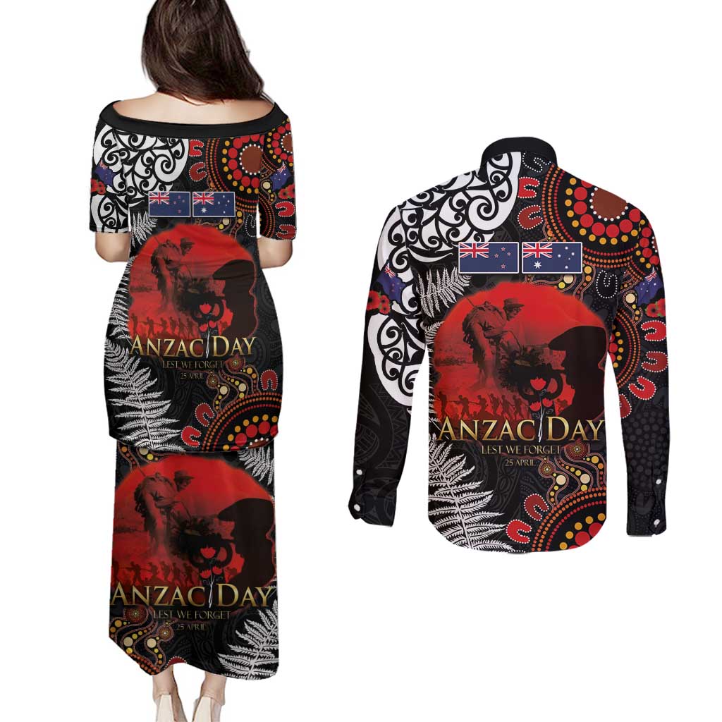 Australia and New Zealand ANZAC Day Couples Matching Puletasi and Long Sleeve Button Shirt Aboriginal and Maori Art Pattern - Gallipoli Lest We Forget LT03 - Polynesian Pride