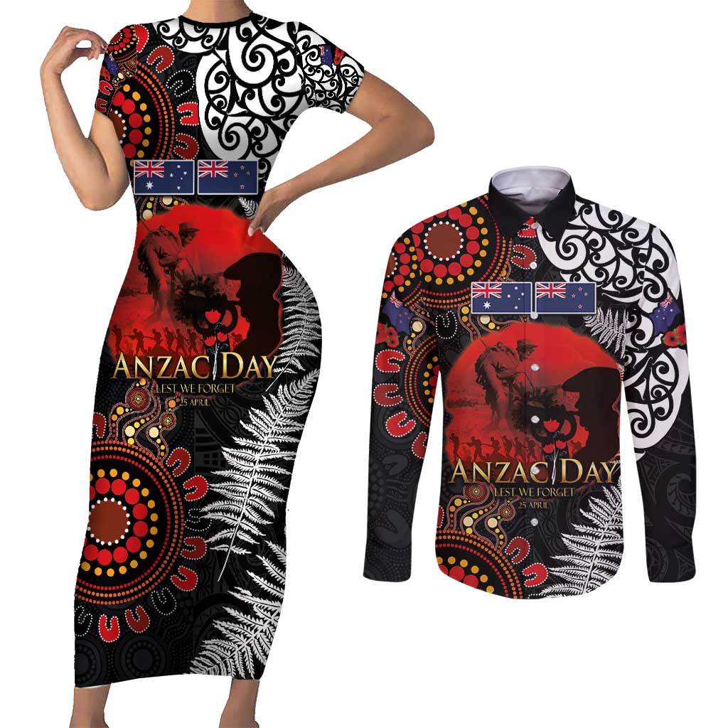 Australia and New Zealand ANZAC Day Couples Matching Short Sleeve Bodycon Dress and Long Sleeve Button Shirt Aboriginal and Maori Art Pattern - Gallipoli Lest We Forget LT03 Black - Polynesian Pride