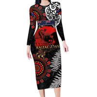 Australia and New Zealand ANZAC Day Family Matching Long Sleeve Bodycon Dress and Hawaiian Shirt Aboriginal and Maori Art Pattern - Gallipoli Lest We Forget LT03 Mom's Dress Black - Polynesian Pride
