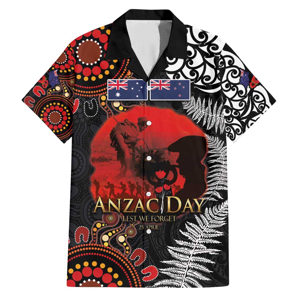 Australia and New Zealand ANZAC Day Family Matching Mermaid Dress and Hawaiian Shirt Aboriginal and Maori Art Pattern - Gallipoli Lest We Forget LT03 Dad's Shirt - Short Sleeve Black - Polynesian Pride