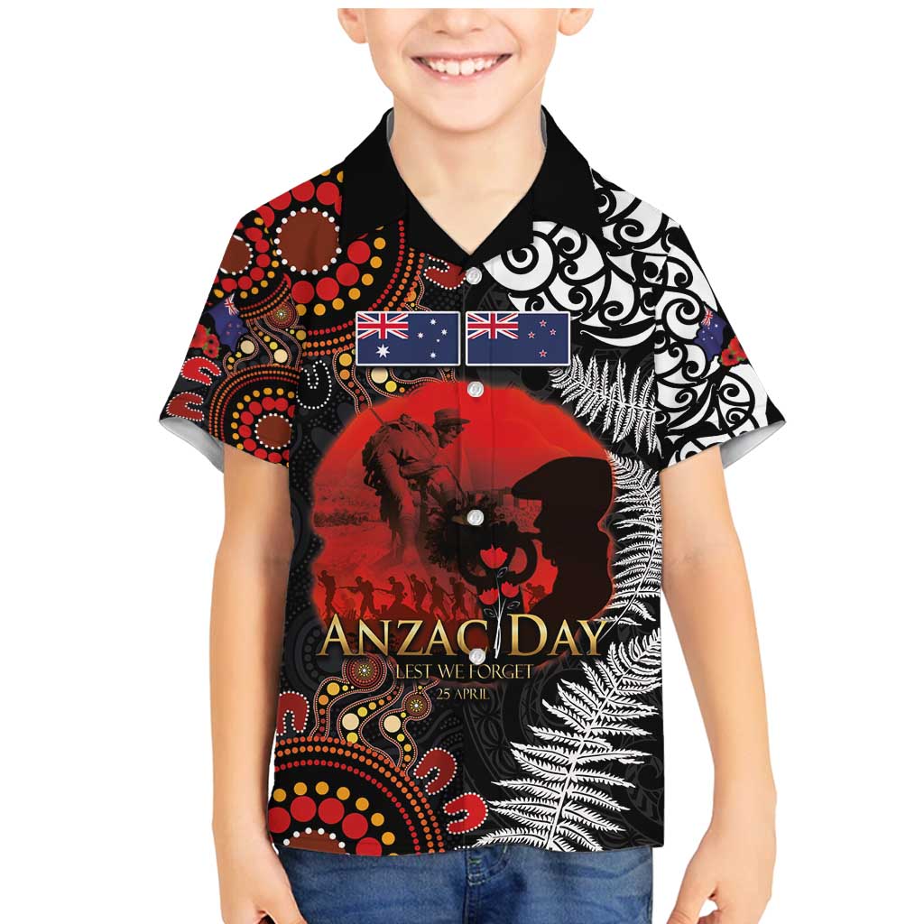 Australia and New Zealand ANZAC Day Family Matching Mermaid Dress and Hawaiian Shirt Aboriginal and Maori Art Pattern - Gallipoli Lest We Forget LT03 Son's Shirt Black - Polynesian Pride