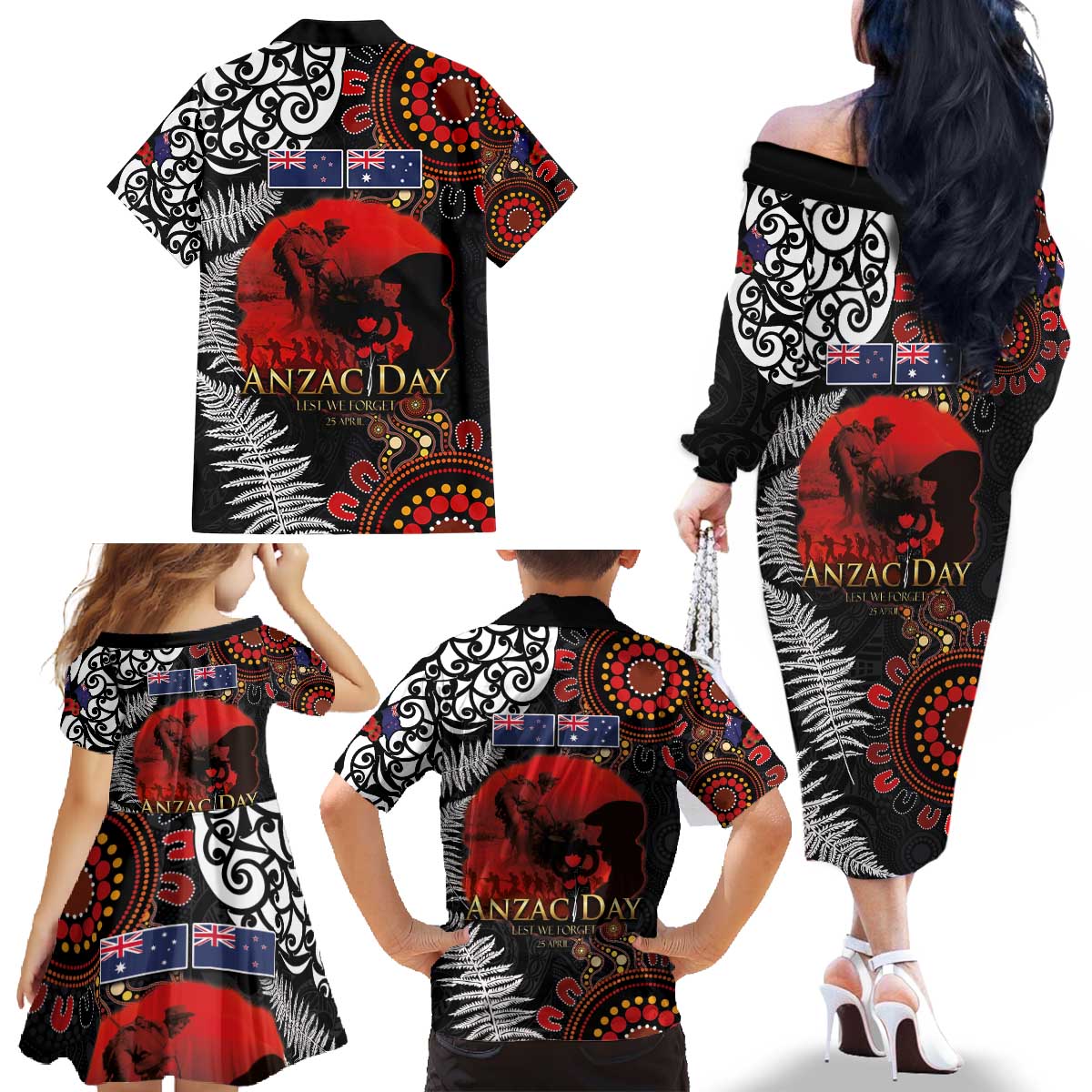 Australia and New Zealand ANZAC Day Family Matching Off The Shoulder Long Sleeve Dress and Hawaiian Shirt Aboriginal and Maori Art Pattern - Gallipoli Lest We Forget LT03 - Polynesian Pride