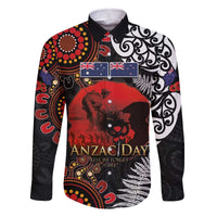 Australia and New Zealand ANZAC Day Family Matching Off The Shoulder Long Sleeve Dress and Hawaiian Shirt Aboriginal and Maori Art Pattern - Gallipoli Lest We Forget LT03 Dad's Shirt - Long Sleeve Black - Polynesian Pride
