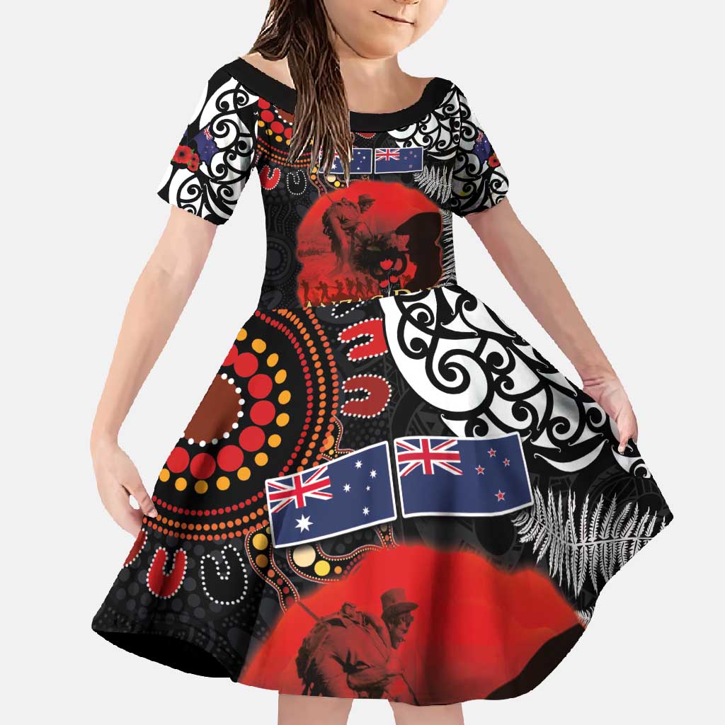 Australia and New Zealand ANZAC Day Family Matching Off Shoulder Maxi Dress and Hawaiian Shirt Aboriginal and Maori Art Pattern - Gallipoli Lest We Forget LT03 Daughter's Dress Black - Polynesian Pride