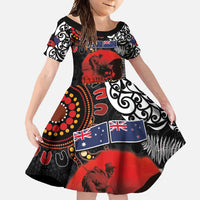 Australia and New Zealand ANZAC Day Family Matching Off Shoulder Maxi Dress and Hawaiian Shirt Aboriginal and Maori Art Pattern - Gallipoli Lest We Forget LT03 Daughter's Dress Black - Polynesian Pride