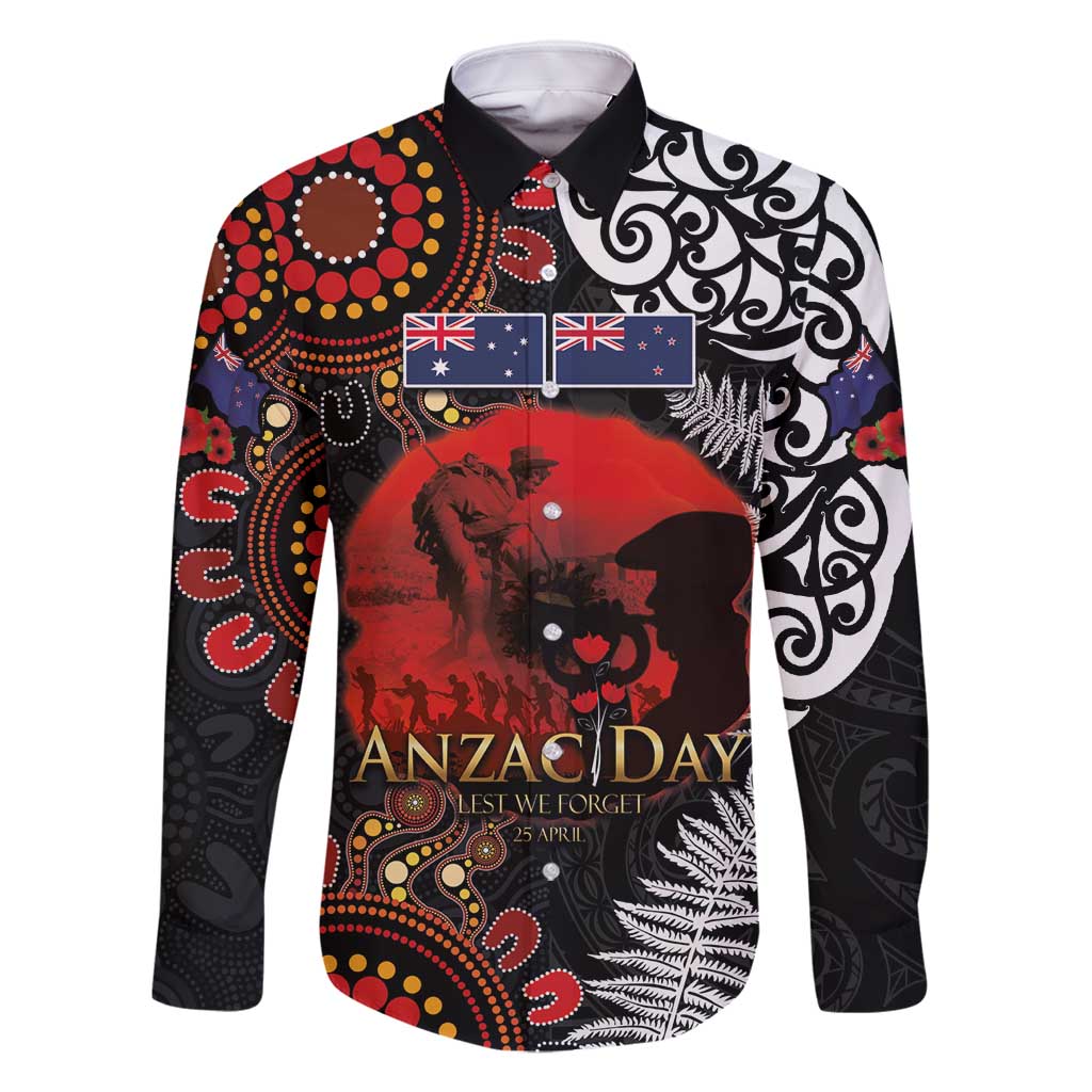 Australia and New Zealand ANZAC Day Family Matching Off Shoulder Short Dress and Hawaiian Shirt Aboriginal and Maori Art Pattern - Gallipoli Lest We Forget LT03 Dad's Shirt - Long Sleeve Black - Polynesian Pride