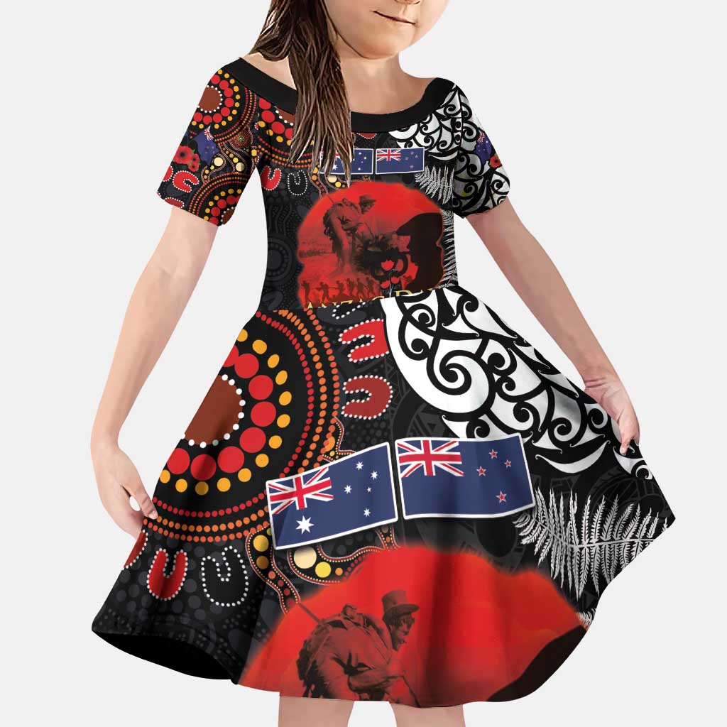 Australia and New Zealand ANZAC Day Family Matching Puletasi and Hawaiian Shirt Aboriginal and Maori Art Pattern - Gallipoli Lest We Forget LT03 Daughter's Dress Black - Polynesian Pride