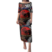 Australia and New Zealand ANZAC Day Family Matching Puletasi and Hawaiian Shirt Aboriginal and Maori Art Pattern - Gallipoli Lest We Forget LT03 Mom's Dress Black - Polynesian Pride