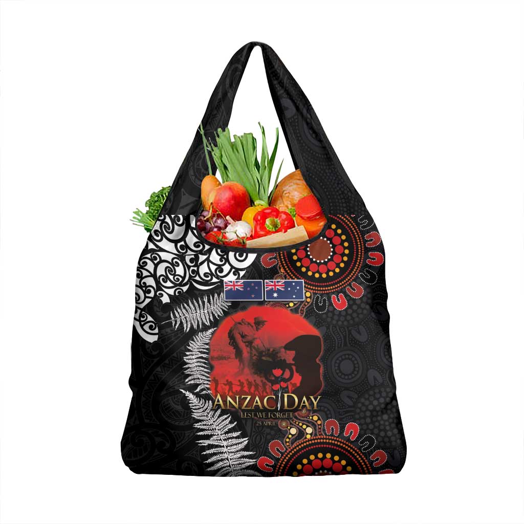 Australia and New Zealand ANZAC Day Grocery Bag Aboriginal and Maori Art Pattern - Gallipoli Lest We Forget LT03 1-pack One Size Black - Polynesian Pride