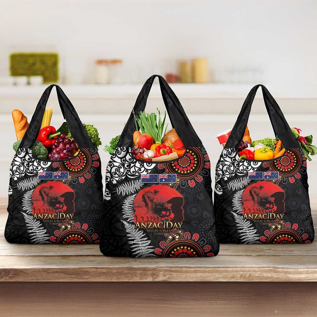 Australia and New Zealand ANZAC Day Grocery Bag Aboriginal and Maori Art Pattern - Gallipoli Lest We Forget LT03 3-pack One Size Black - Polynesian Pride