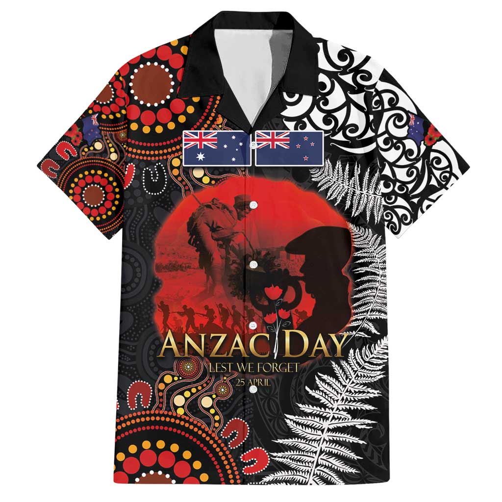 Australia and New Zealand ANZAC Day Hawaiian Shirt Aboriginal and Maori Art Pattern - Gallipoli Lest We Forget LT03 Black - Polynesian Pride