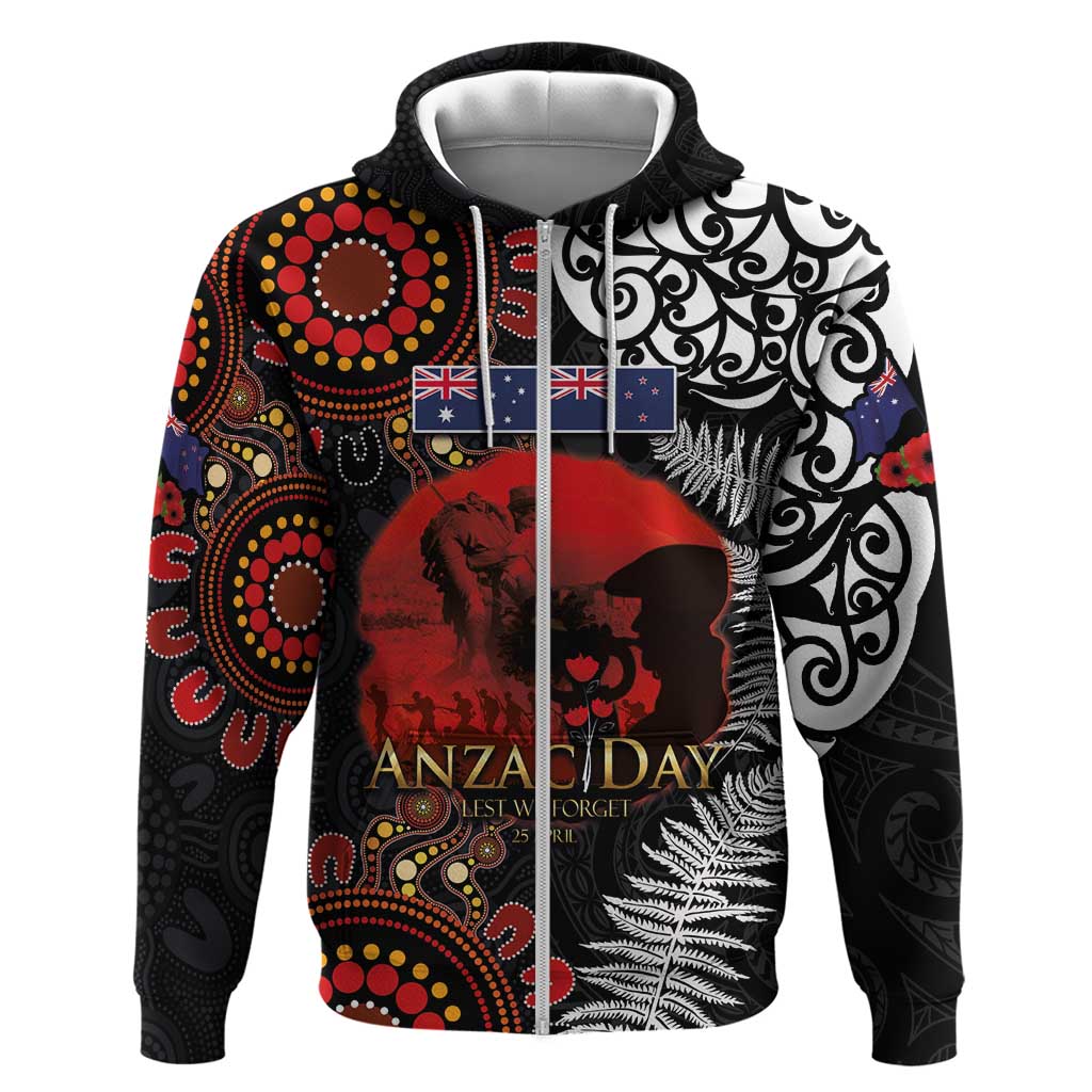 Australia and New Zealand ANZAC Day Hoodie Aboriginal and Maori Art Pattern - Gallipoli Lest We Forget LT03 Zip Hoodie Black - Polynesian Pride