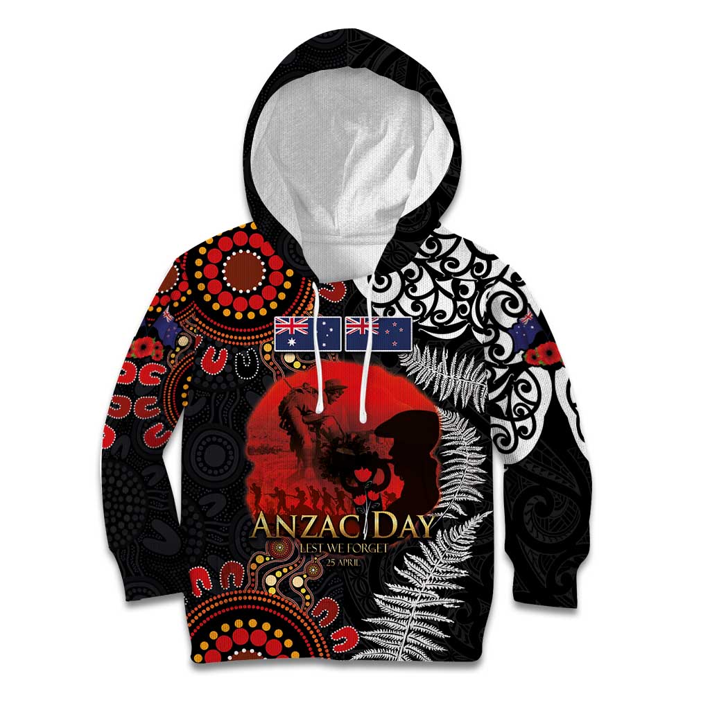 Australia and New Zealand ANZAC Day Kid Hoodie Aboriginal and Maori Art Pattern - Gallipoli Lest We Forget LT03 Hoodie Black - Polynesian Pride