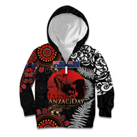 Australia and New Zealand ANZAC Day Kid Hoodie Aboriginal and Maori Art Pattern - Gallipoli Lest We Forget LT03 Zip Hoodie Black - Polynesian Pride