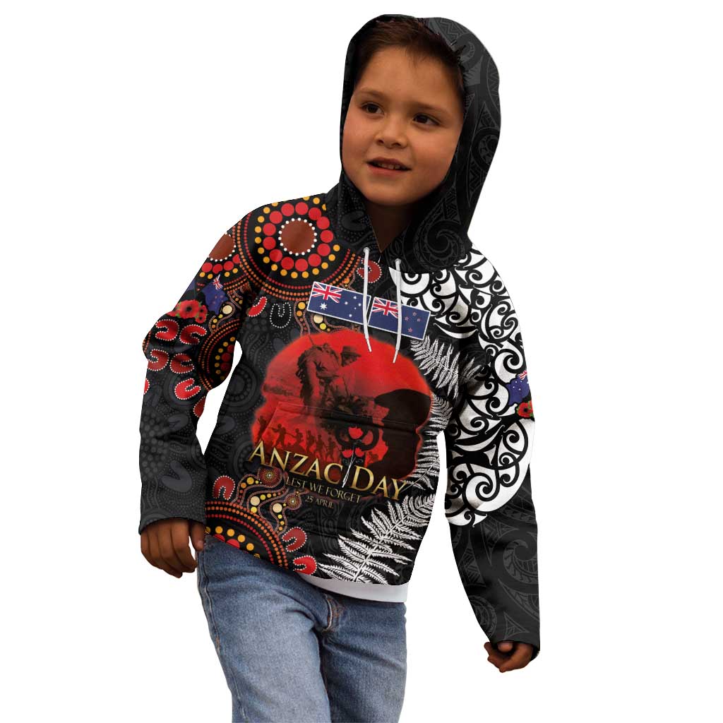 Australia and New Zealand ANZAC Day Kid Hoodie Aboriginal and Maori Art Pattern - Gallipoli Lest We Forget LT03 - Polynesian Pride