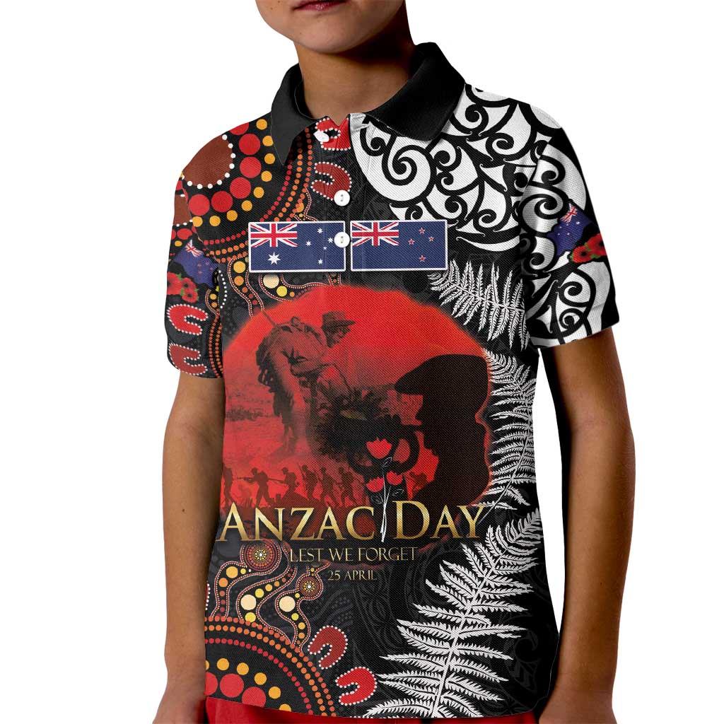 Australia and New Zealand ANZAC Day Kid Polo Shirt Aboriginal and Maori Art Pattern - Gallipoli Lest We Forget LT03 Kid Black - Polynesian Pride