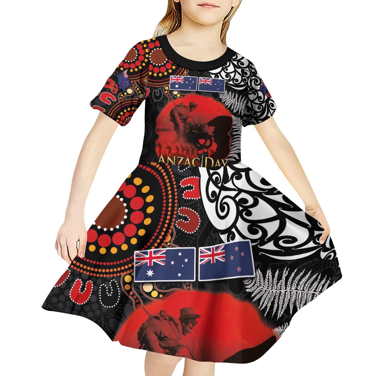 Australia and New Zealand ANZAC Day Kid Short Sleeve Dress Aboriginal and Maori Art Pattern - Gallipoli Lest We Forget LT03 - Polynesian Pride