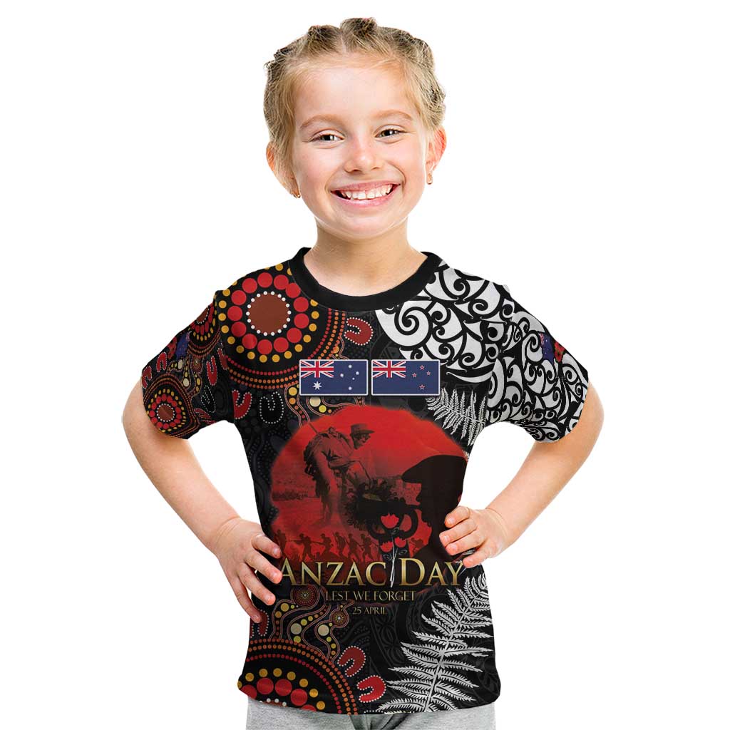 Australia and New Zealand ANZAC Day Kid T Shirt Aboriginal and Maori Art Pattern - Gallipoli Lest We Forget LT03 Black - Polynesian Pride